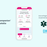 companion patella auf einem Smartphone sowie die Logos der beteiligten Partner medi und Deutsche Kniegesellschaft