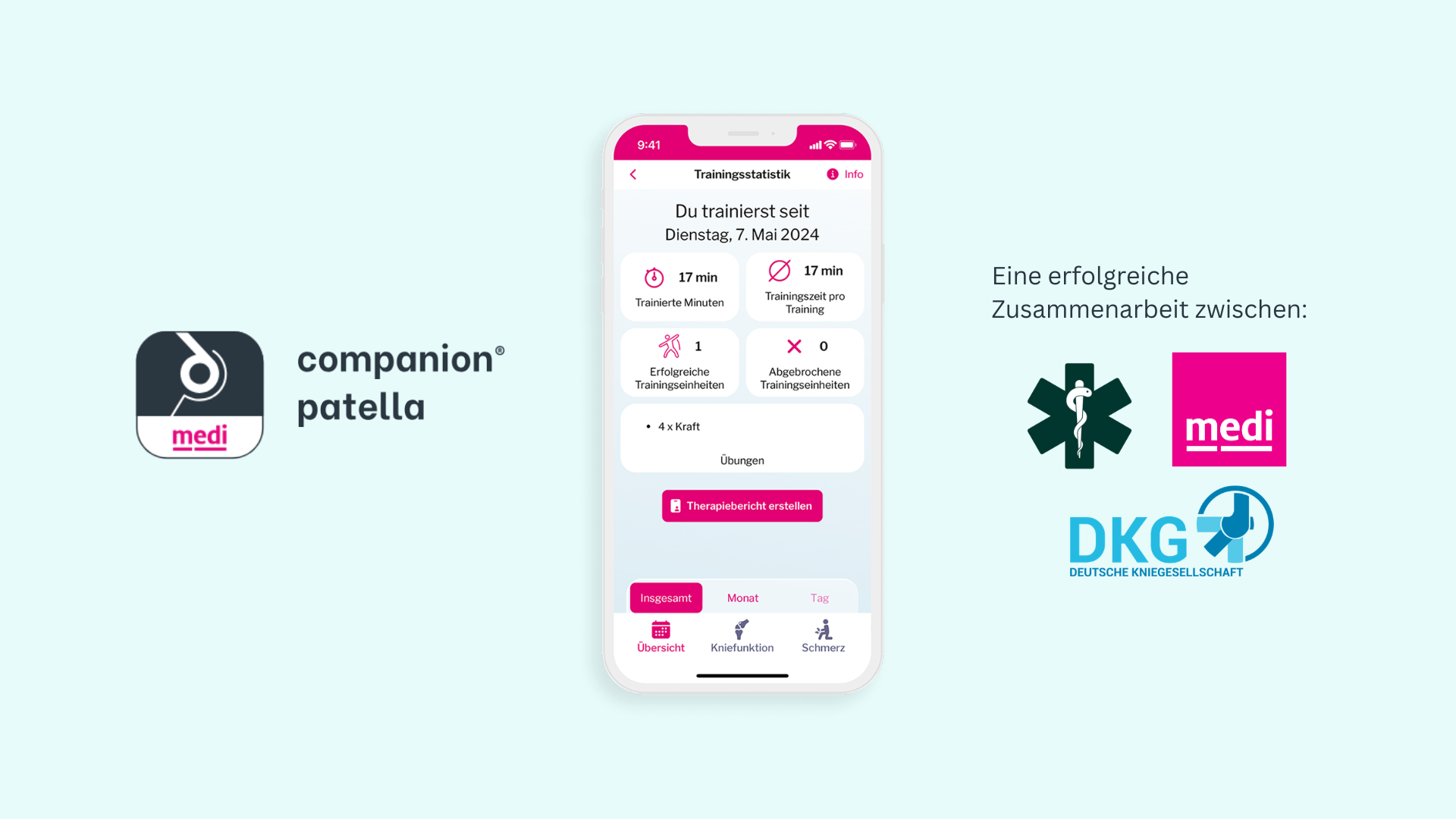 companion patella auf einem Smartphone sowie die Logos der beteiligten Partner medi und Deutsche Kniegesellschaft